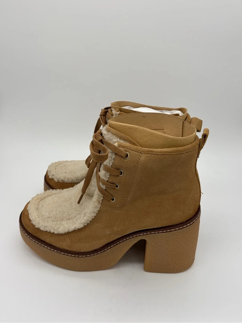 Sam Edelman Tan Suede Shearling Platform Ankle Boots